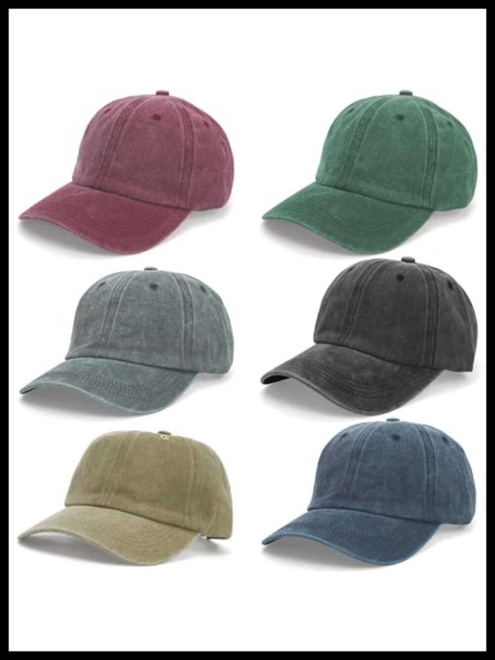 Washed Cotton Baseball Cap 6 Pack Unisex Vintage Adjustable Distressed